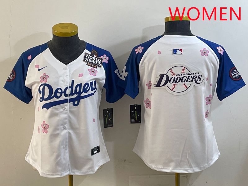 Women Los Angeles Dodgers Blank White Blue Sakura Edition 2025 Nike MLB Jersey style 26->women mlb jersey->Women Jersey